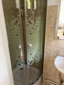 eine Glasdusche im Bad mit Waschbecken in der Unterkunft Private House Citadela Tg.Mures in Târgu Mureș