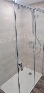 y baño con ducha y puerta de cristal. en Location vacances Morbihan Questembert, en Questembert