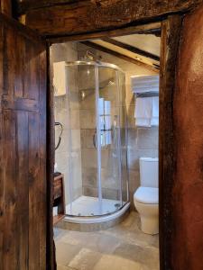 a bathroom with a shower and a toilet at Hocus Pocus Tiny Hotel in York