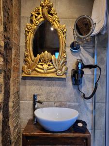 uma casa de banho com um lavatório e um espelho na parede em Hocus Pocus Tiny Hotel em York