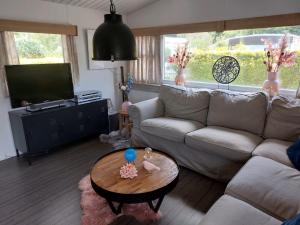 Ruang duduk di Chalet Drenthe Spier op camping De Moraine