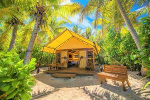 a yellow tent with a bench and palm trees at Barefoot Manta Island Resort in Drawaqa Island