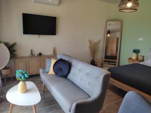 una sala de estar con un sofá y una cama en Peace & View, en Archangelos