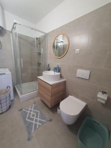 een badkamer met een wastafel en een douche bij Vitoria Apartment 1 in Mali Lošinj