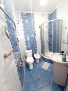 a bathroom with a toilet a sink and a shower at Ratusha Apartments in Lviv