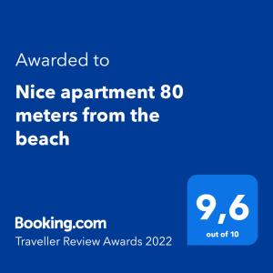 Certifikát, hodnocení, plakát nebo jiný dokument vystavený v ubytování Nice apartment 80 meters from the beach