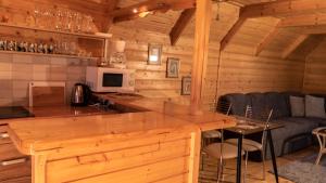 a kitchen and living room in a log cabin at Sasinowe Zacisze in Sasino +7 photos