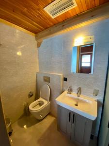a bathroom with a white toilet and a sink at Ankh Pension in Kaleucagız