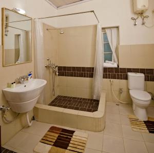 a bathroom with a shower and a sink and a toilet at Singtom Tea Resort in Darjeeling