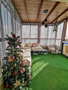Big, stylish and modern apartment with hot tub في طنجة: غرفة معيشة مع شجرة عيد الميلاد في غرفة
