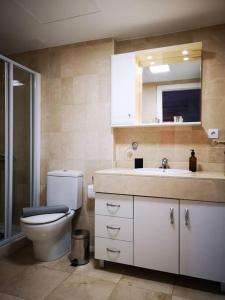 y baño con aseo, lavabo y espejo. en Apartamento en primera línea de Playa Las Canteras, en Las Palmas de Gran Canaria