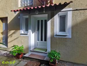 een voordeur van een huis met twee potplanten bij Apartments Nea by Locap Group in Portorož