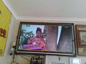 einen TV in einem Zimmer mit einem Baum in der Unterkunft Fanaka Safaris Campsite & Lodges in Mto wa Mbu