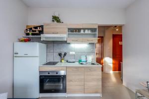 cocina con armarios de madera y nevera blanca en Calma Luxury Apartments #2 Sozopoli in Halkidiki, en Sozopoli