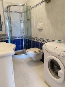 een badkamer met een douche, een toilet en een wasmachine bij Casa Amalfi Zambrone Madama in Torre SantʼIrene