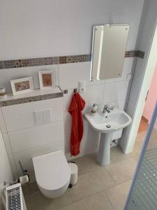 a small bathroom with a toilet and a sink at Ferienwohnung Lavendel in Waren