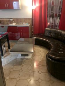 uma sala de estar com um sofá de couro e uma mesa em Studio avec jardin clos et wifi a Saint Pierre a 4 km de la plage em Saint-Pierre