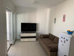 ein Wohnzimmer mit einem Sofa und einem Flachbild-TV in der Unterkunft Mandre - Dalmacija in Mandre