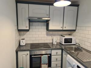 ゴールウェイにあるSt Patricks Avenue Apartment, H91A4W7の白いキャビネットとシンクと電子レンジを備えたキッチン