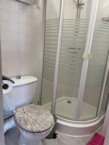 a bathroom with a toilet and a glass shower at Petit Studio Zen avec parking gratuit réservé in Houlgate
