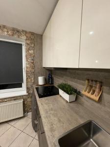 TV y cocina con fregadero y armarios blancos. en Dzivoklis ar saunu en Rēzekne