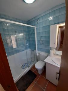 a bathroom with a shower and a toilet and a sink at La casa del puerto in El Arenal
