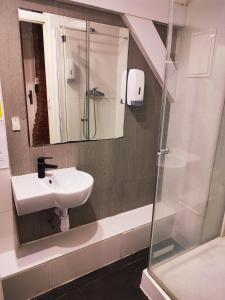 W łazience znajduje się umywalka i prysznic. w obiekcie Hoża Apartments and Rooms w Warszawie