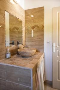 Les Manaux en Provence في Roquevaire: حمام مع حوض حجري ومرآة