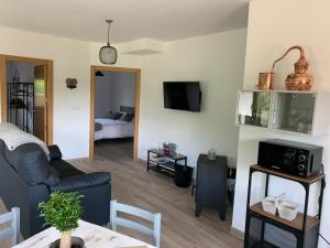 a living room with a couch and a tv at Marquina Rural in Cubillo del Butrón