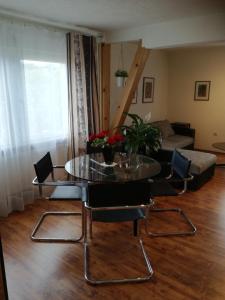 een woonkamer met een glazen tafel en stoelen bij Schlössleblick in Wehr