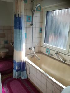 a bathroom with a bath tub and a window at Schlössleblick in Wehr