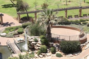 un jardín con una palmera y un puente en Park hotel, en Netanya