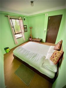 a bedroom with a large bed in a green room at The Nest Guest House in Changunarayan