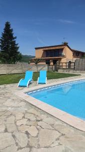 Montagut的住宿－FINCA MAS GUIXOT relax y natura，两把蓝色椅子坐在游泳池旁