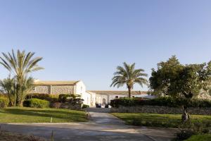 une maison avec des palmiers et une allée dans l'établissement Masseria del Carrubo, à Noto