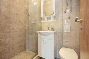 a bathroom with a toilet and a shower and a sink at Apartments Bonaca in Igalo +51 photos