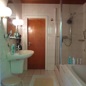 ein Bad mit einem Waschbecken, einem WC und einer Dusche in der Unterkunft kunst-at-home in Bad Zwischenahn