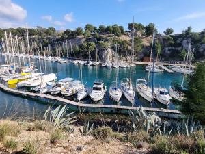 Un tas de bateaux sont amarrés dans un port de plaisance dans l'établissement Appartement T3 en Provence, à Aubagne
