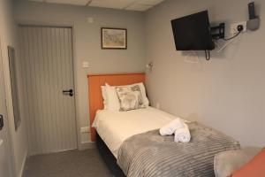 - une chambre avec un lit et une télévision à écran plat dans l'établissement Brathay Hall - Brathay Trust, à Ambleside