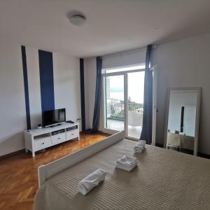 a bedroom with a bed with a mirror and a television at Villa Allegra 1 in Lovran