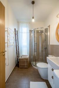 a bathroom with a shower and a toilet and a sink at Boutique Hideaway Studio in Nida in Nida