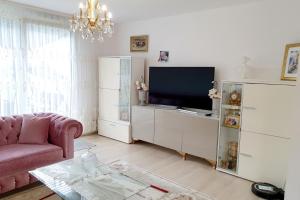 salon z różową kanapą i telewizorem w obiekcie Private House w Hanowerze