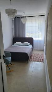 a bedroom with a large bed and a window at Apartament Mochnackiego in Olsztyn