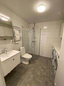 a bathroom with a toilet and a shower and a sink at Luxury Business Apartments 2 rooms #2 1-4 people in Sundbyberg