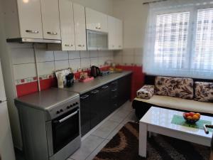 a kitchen with a stove and a couch and a table at Apartmani Sarah Tuzla in Tuzla