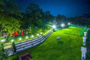 Pensiunea Mihaela في نوفاسي-سترايني: حديقة في الليل مع أضواء على العشب