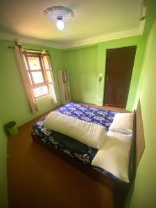 a bedroom with a large bed in a green room at The Nest Guest House in Changunarayan