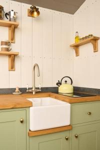 a kitchen with a white sink and a counter at Luxury Shepherd Hut on small South Hams farm, Devon in Modbury