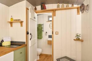 a small bathroom with a toilet and a sink at Luxury Shepherd Hut on small South Hams farm, Devon in Modbury