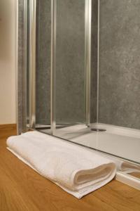 a glass shower with a white towel on a table at Luxury Shepherd Hut on small South Hams farm, Devon in Modbury